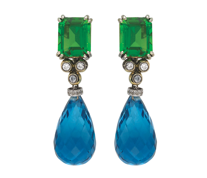 Sorab & Roshi: Moldavite, Diamond and Blue Topaz Dangle Earrings ...