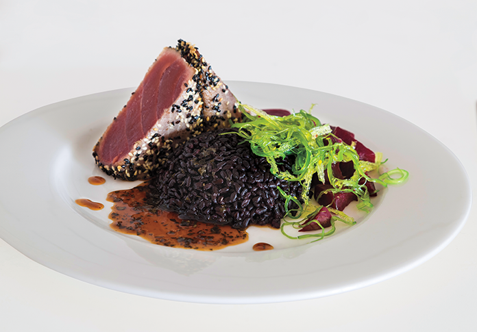 Seared ahi tuna steak with black rice at Tavern on Main in Westport, CT 
