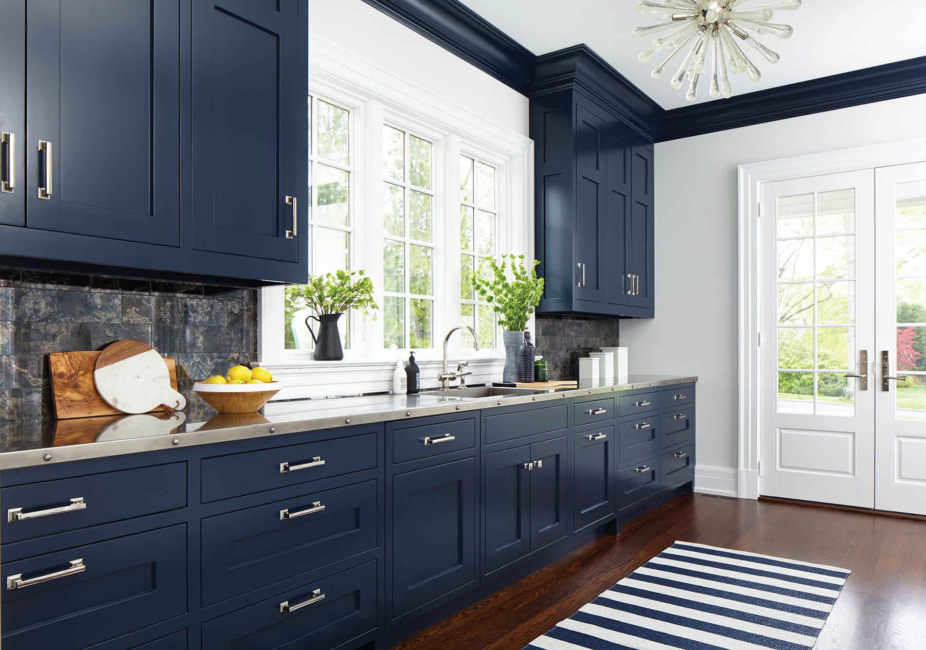 Blue kitchen with dark cabinets