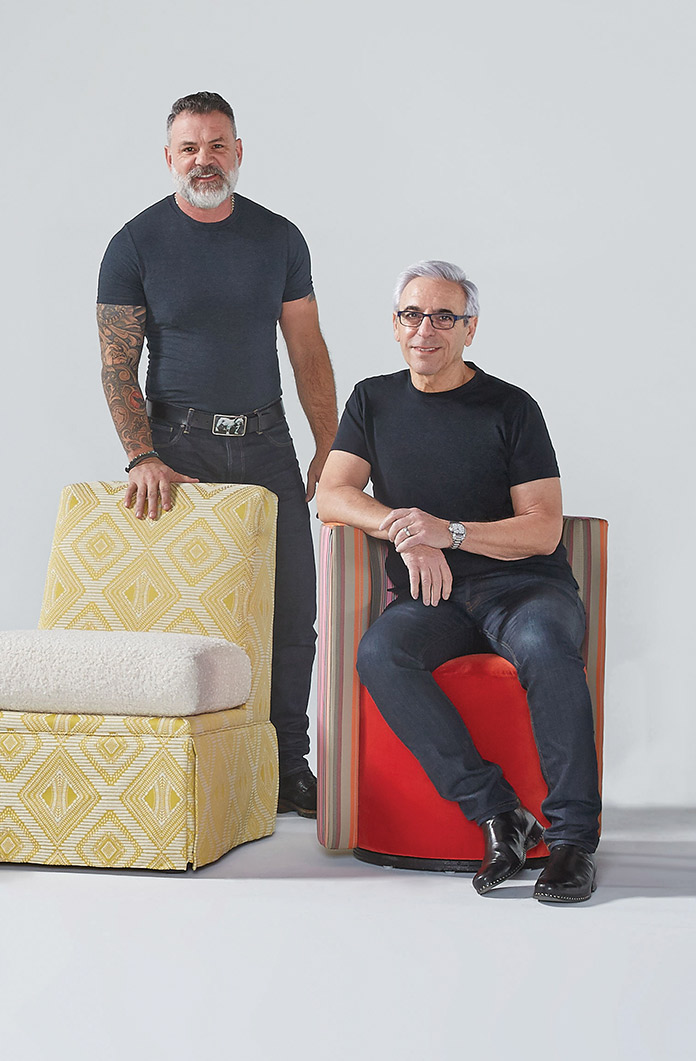 Co-Founders Bob Williams (left) and Mitchell Gold with the Annie and Poppy seats from their new Les Petite Seats collection.