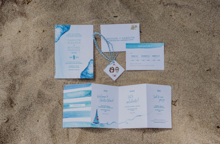 Watercolor wedding invitation suite by the bride, owner of Designed by the C Paperie. The cool ocean blue elements combined with a whimsical logo, including portraits of the bride and groom, set the tone for the wedding weekend.