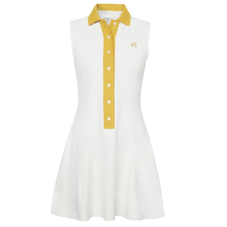 womens tennis dress sleeveless with yellow detailing on buttons