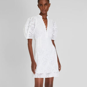 Women's mini white dress deep v with puffed sleeves