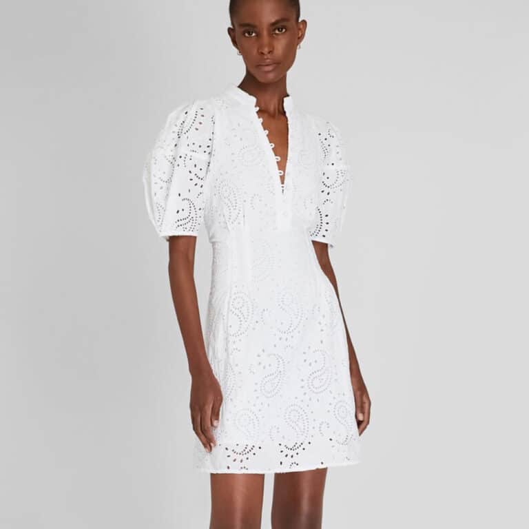 Women's mini white dress deep v with puffed sleeves
