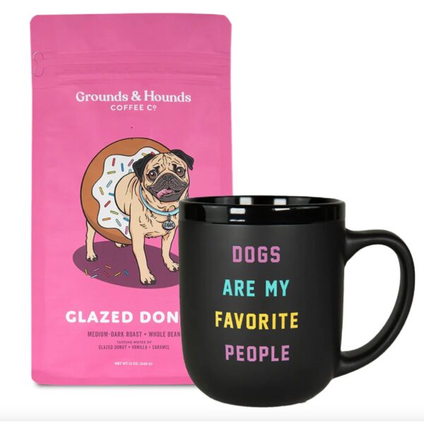 Grounds & Hounds glazed donut coffee with mug