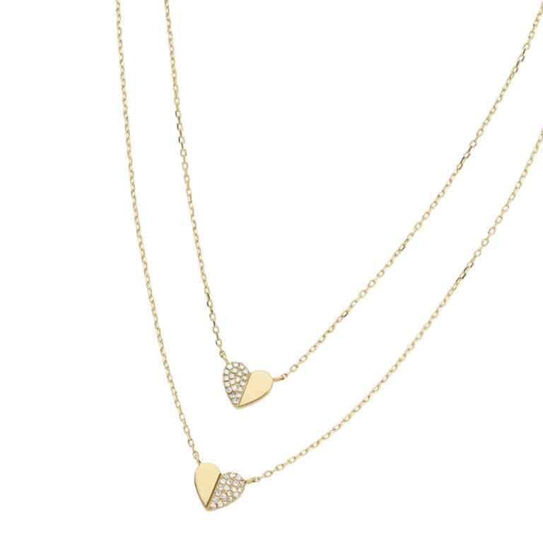 two gold heart necklaces half of it with diamonds