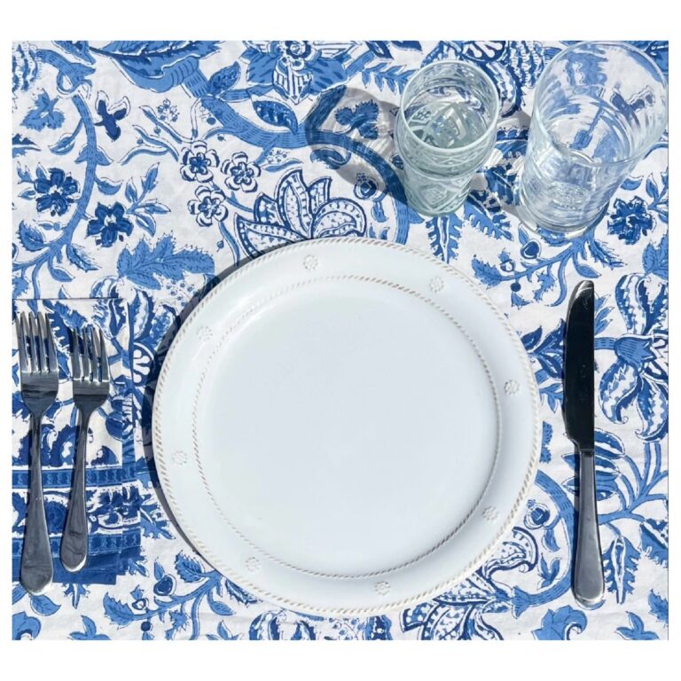 Table set on blue tablecloth