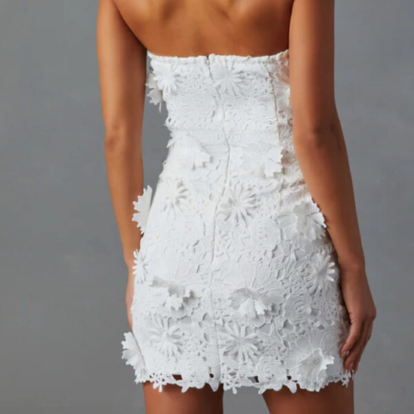 Vici back of strapless white dress with flower print